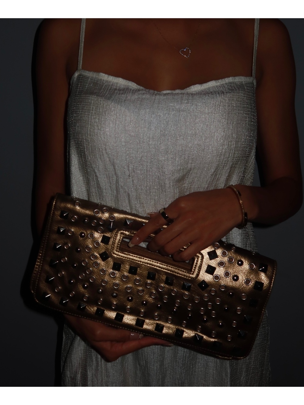Y2k Glam Metallic Gold Studded Oversized Clutch Bag